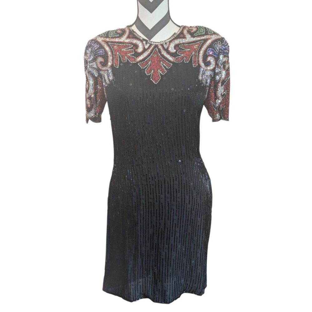 SCALA Vintage Beaded Silk Dress Black Multi-Color Sequin Cocktail Gown